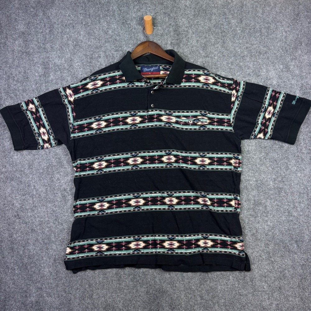 Wrangler Polo Shirt Mens Large Black Southwestern Aztec Print Short Sleeve 0025